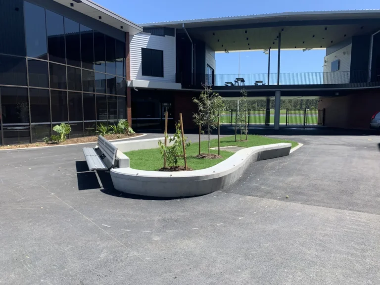 Modern building with courtyard and benches
