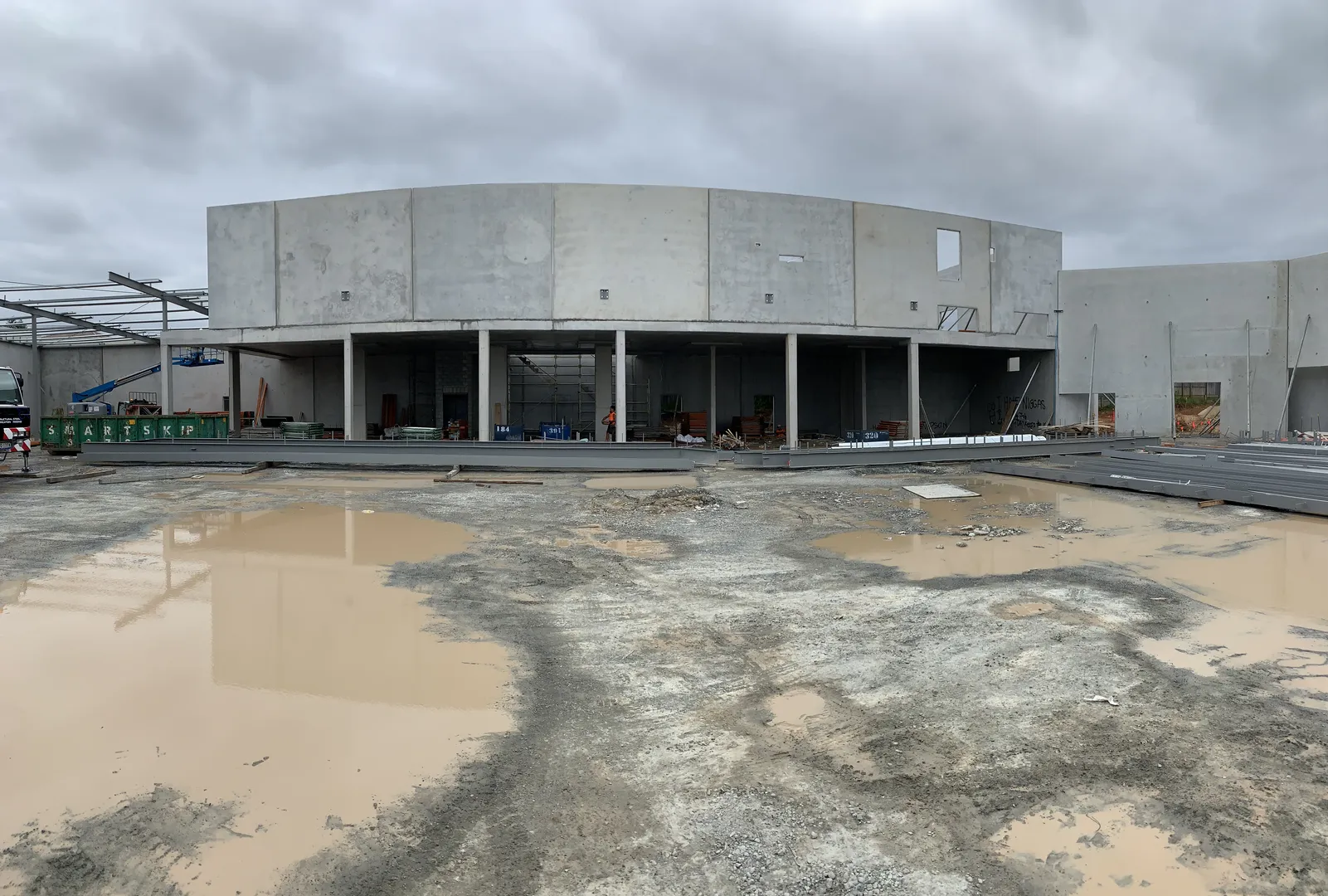 Construction site with partially built structure.